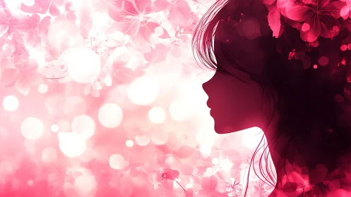 Soft floral silhouette of a dreaming girl in glowing pink light