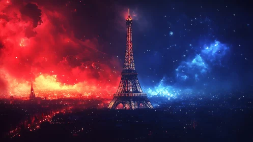 Spectral bicolor atmosphere enveloping Eiffel Tower skyline.