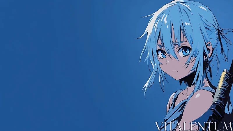 Blue‑haired anime swordswoman in profile against flat cobalt field
