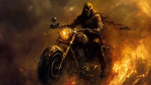 Infernal skeletal biker on flaming chopper in smoke vortex