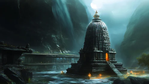 Luminescent monolithic temple under cascading mistfalls.