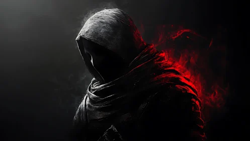 Hooded dark figure in black cloak with red spectral backlight
