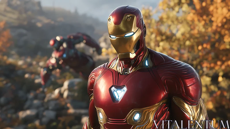 Armored superhero stands in autumn landscape, glowing calmly.