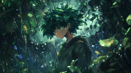 Rain-soaked forest youth in luminous anime foliage study.