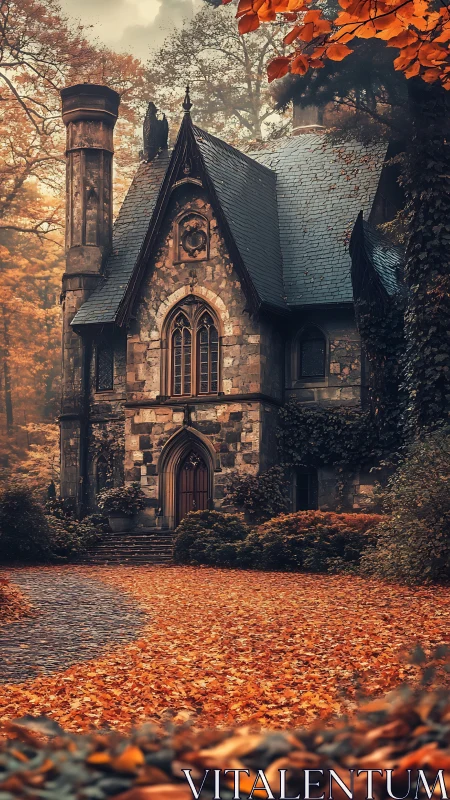 Gothic stone cottage stands amid dense autumn forest haze