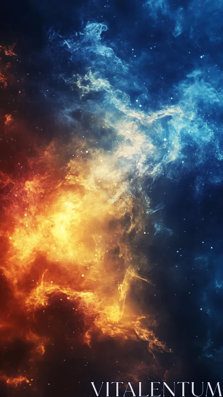Cosmic nebula clash with fiery orange and deep cyan gradients.