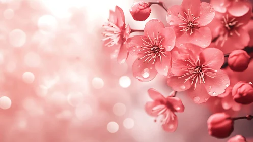 Pink cherry blossoms with dewdrops in dreamy bokeh field.