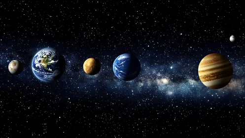 Solar system planets aligned over dense starfield background.