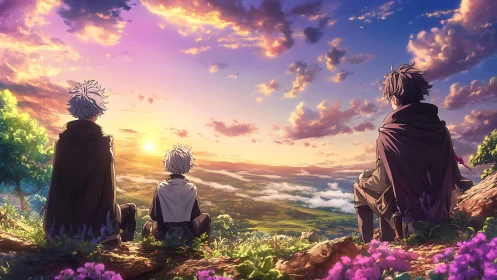 Sunset gathers three travelers in a gentle valley embrace