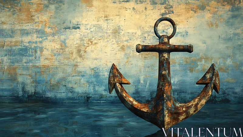 Rusty metal anchor against textured blue painted backdrop.