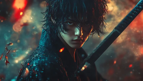 Sword-bearing figure in dramatic bokeh and colored backlight