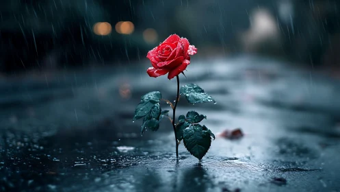 Solitary red rose rendered in cinematic shallow depth of field