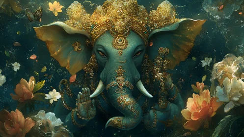 Ornate teal elephant deity with gold filigree and lotus blooms