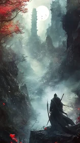 Lone warrior overlooking misty pagoda valley at moonrise.