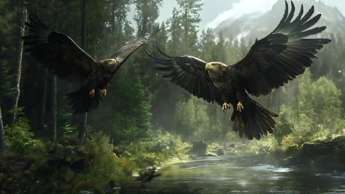 Majestic Eagles Soaring Over Forest Stream, Realistic Digital Art.