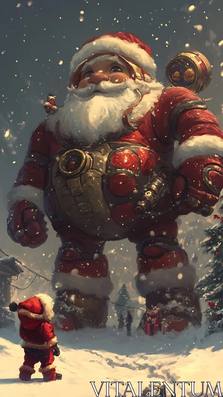Gigantic mechanized Santa figure in snowy winter setting.