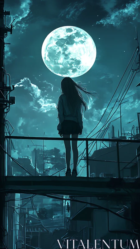 Moonlit girl overlooks neon city from narrow rooftop bridge.