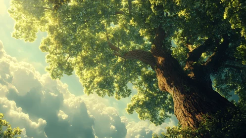 Majestic old oak tree against sunlit sky, dreamy nature illustration.