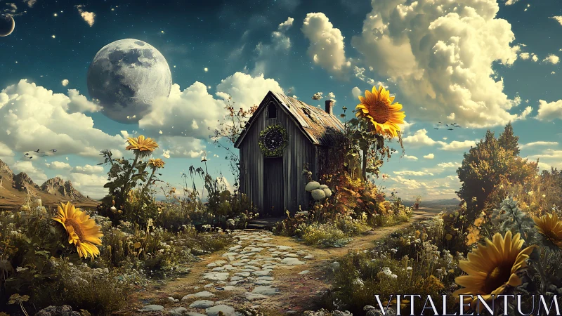 Surreal cottage landscape with oversized sunflowers and twin moons