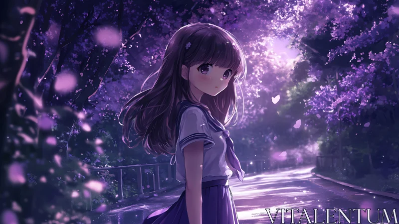 Girl in twilight path under glowing violet blossoms.