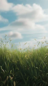 Sunlit meadow grass sways gently beneath drifting clouds