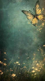 Luminous butterfly over meadow in textured teal atmosphere.