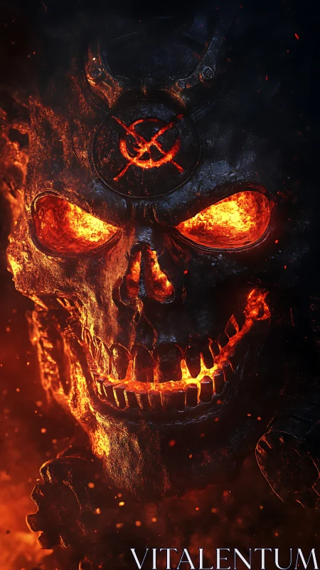 Molten demon skull rendered in fiery infernal chiaroscuro.