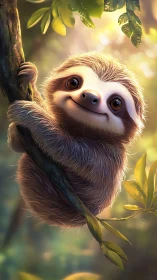 Hyperreal juvenile sloth rendered with volumetric forest lighting.