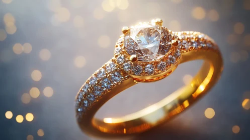 Diamond engagement ring glows with warm bokeh light.