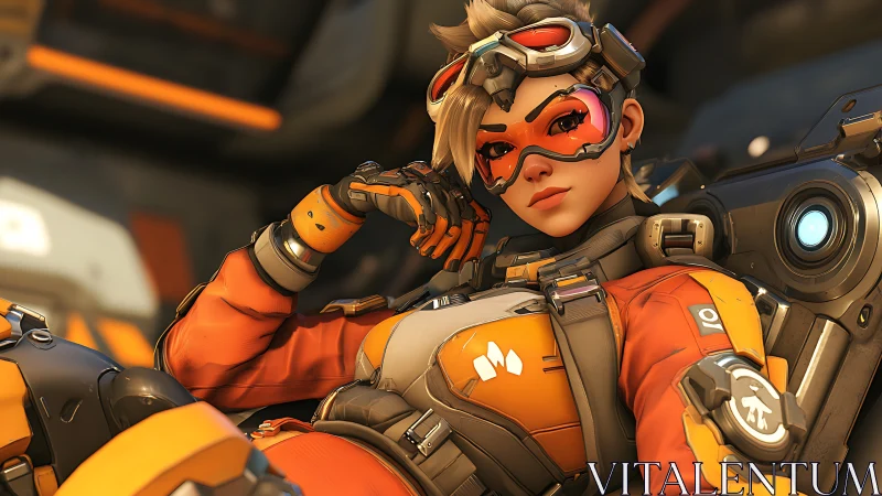 Confident sci fi hero lounges in vivid orange battle gear