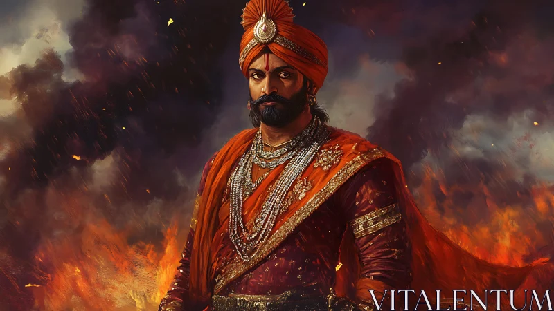 Regal warrior in ember-lit storm wrapped in royal orange.