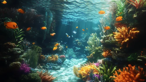 Sunlit coral reef alive with playful orange tropical fish.