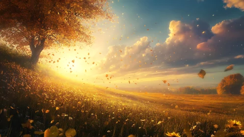 Golden autumn hillside glows under low sunset light