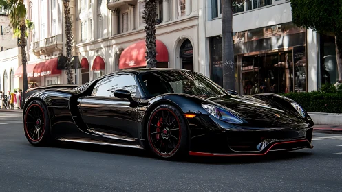 Black Porsche 918 Spyder sits parked on upscale city street