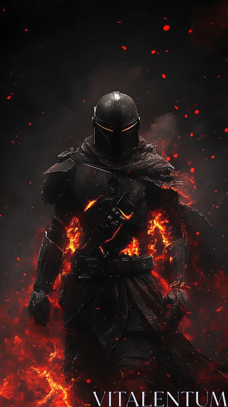 Lone armored wanderer stepping through a storm of fire.