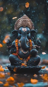 Ganesh statue sits in rain with shallow depth of field