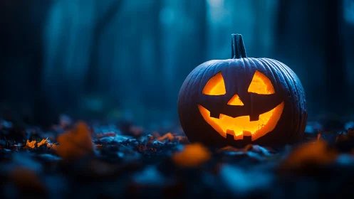 Glowing jack-o’-lantern in misty blue forest at dusk.