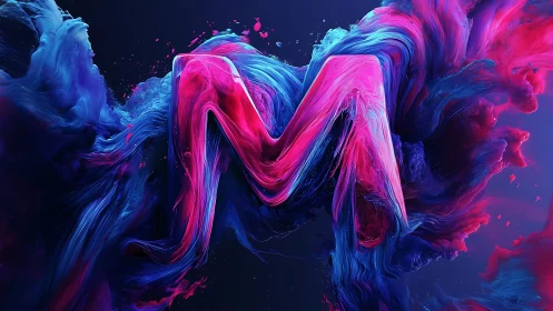 Neon letter M sculpted in swirling liquid color fields.