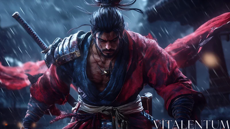 Battle-worn samurai warrior in storm-lit cinematic rain scene.