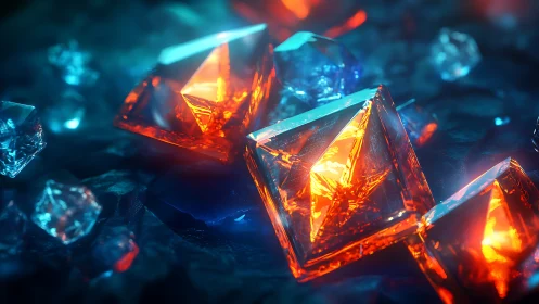 Luminous orange crystals glow over cool cyan shards.
