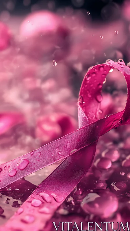 Wet pink awareness ribbon under shallow focus lighting.