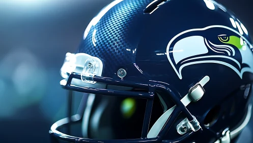 High-gloss football helmet with avian logo and carbon shell.