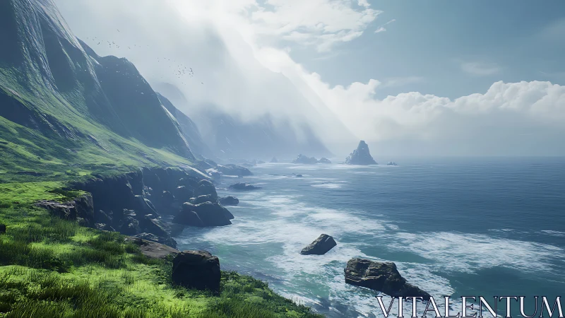 Dramatic Coastal Valley with Rocky Peaks and Ocean