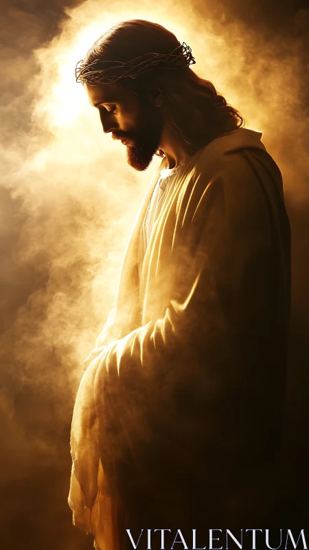 Side-lit robed figure with crown of thorns stands in dense fog