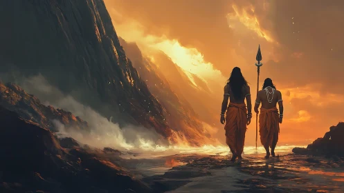 Mythic warriors crossing volcanic shoreline at infernal sunset