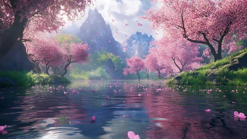 Procedurally lit cherry blossom valley reflects in still river