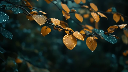 Golden autumn leaves catch cool rain in soft bokeh forest