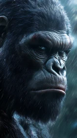 Hyperreal close-up portrait of a wet, battle-worn ape leader