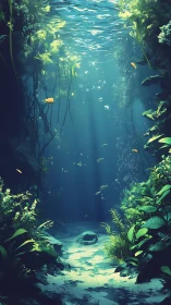 Underwater kelp canyon with fish and filtered surface light.