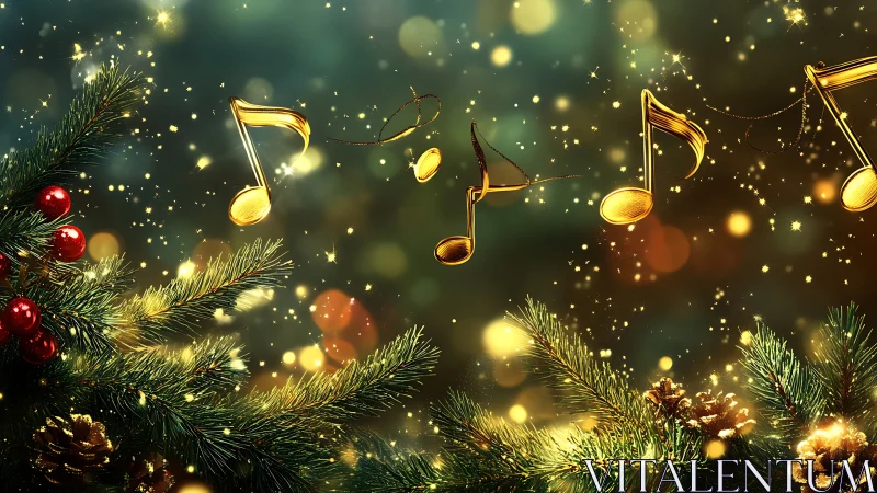 Golden holiday music notes sparkling over festive pine.